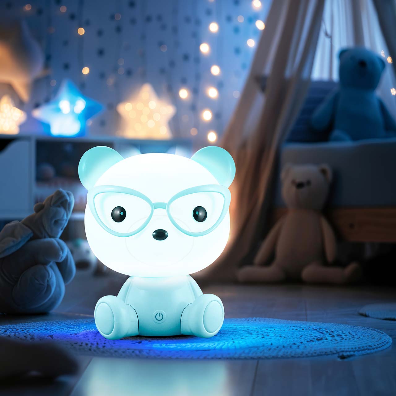 Lampka Dekoracyjna MIŚ OKULARNIK LED 327192 – Niebieska, Akumulator + Przewód USB-C | Sanico GoldLux - obrazek 4